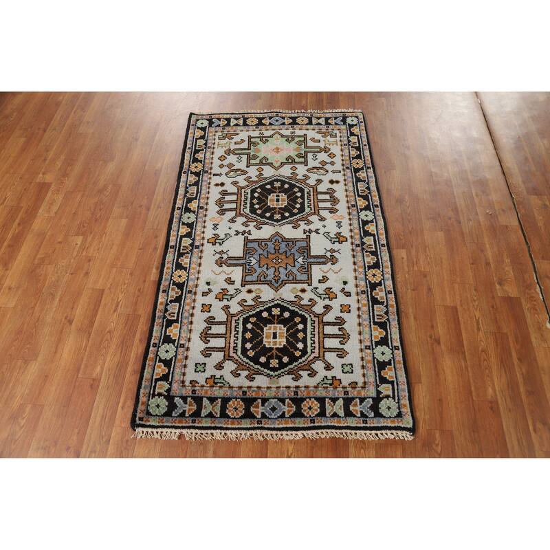 Hand Knotted Oriental 100% Wool Carpet Transitional Geometric Greys & Charcoal Khotan Area Rug - 5' 1'' X 3' 0''