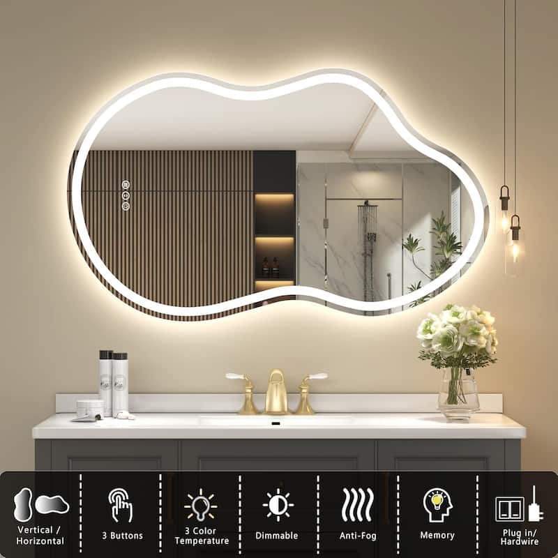 KIOTEE Frameless Irregular LED Anti-Fog Bathroom Vanity Mirror Asymmetrical Front and Backlit Wall Mirror