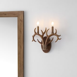 Wyatt 13.25" 2-Light Southwestern Bohemian Resin/Iron Faux Antler LED Sconce, Brown Wood Finish by JONATHAN Y