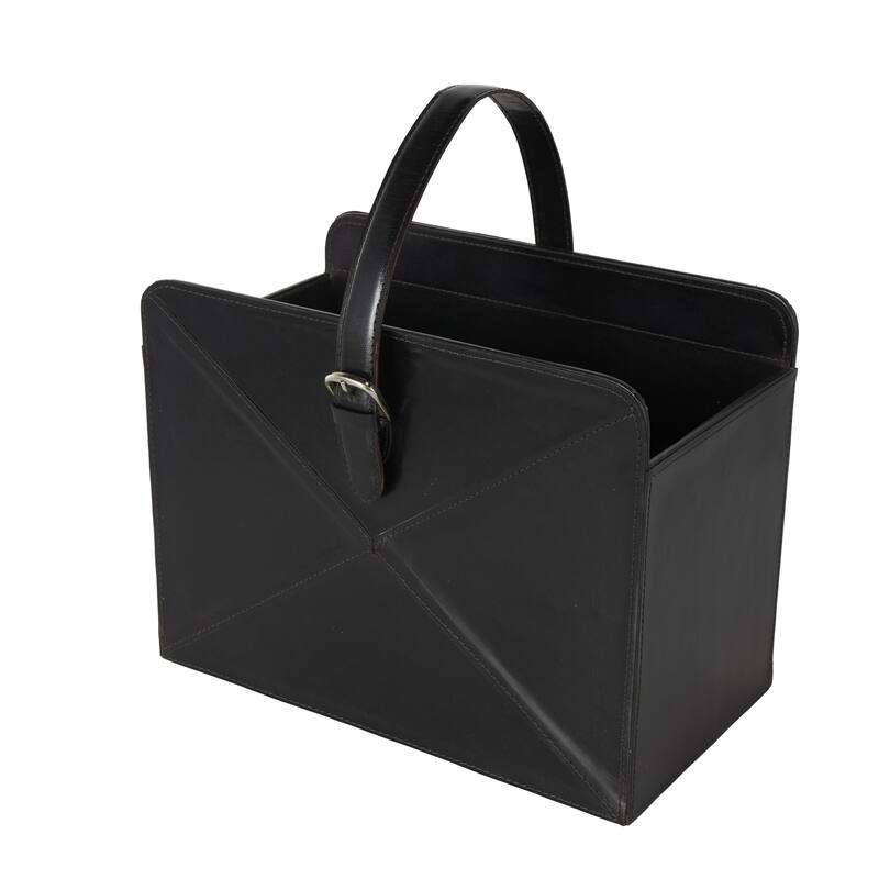 Leather Handmade Box Style Magazine Holder with Detail Stitching and Curved Buckle Handles - Brown or Black - Roche River Decor