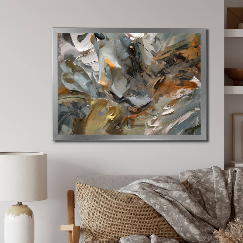 Designart "Autumn Jazz Abstract Expressionism" Abstract Painting Framed Canvas Prints - 20 in. wide x 12 in. high - Silver