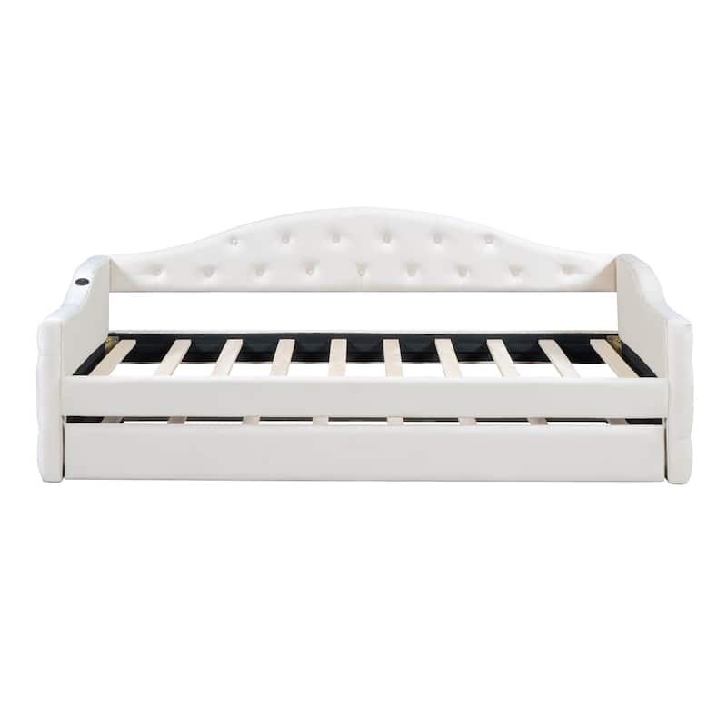 Beige Twin Wood Daybed with Multi-Storage Shelves and Charging Station