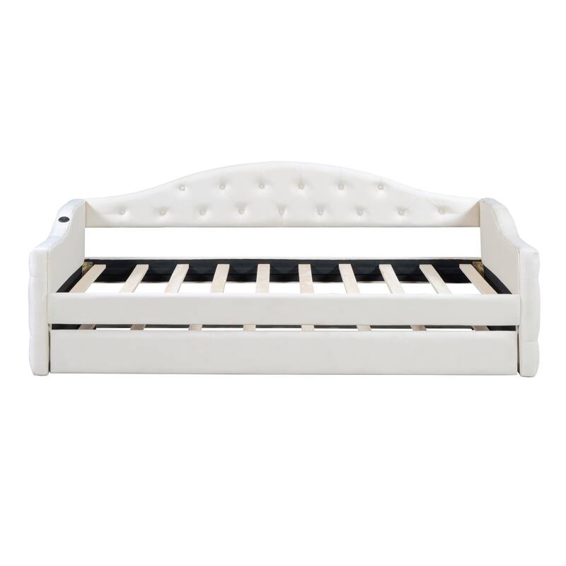 Tufted Upholstered Daybed with Trundle, USB and Type-C Charging Ports