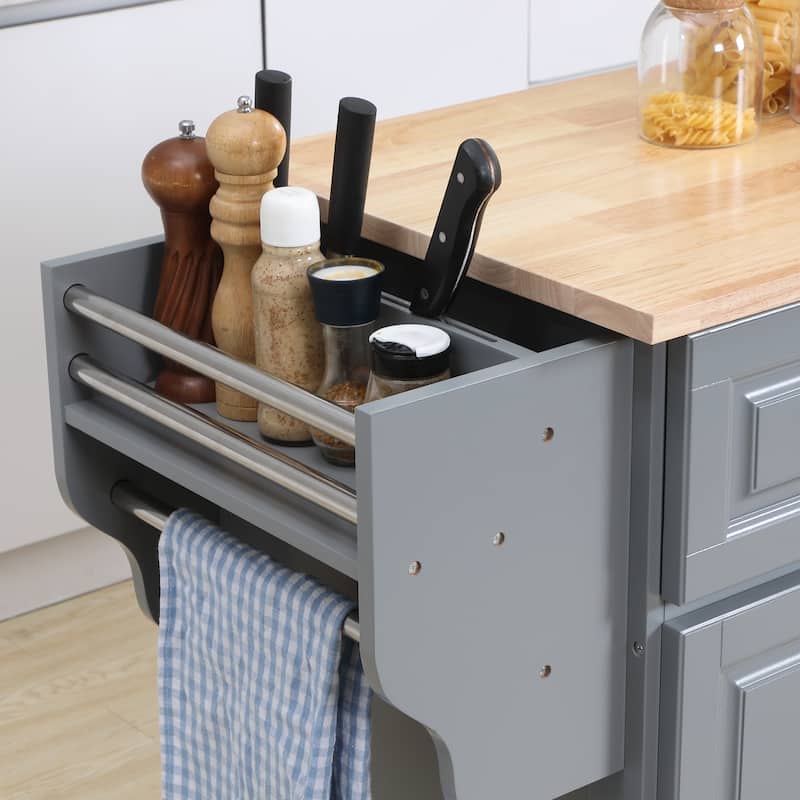 HOMCOM Rolling Kitchen Island on Wheels Utility Cart with Drop-Leaf and Rubber Wood Countertop, Storage Drawers, Dark Grey