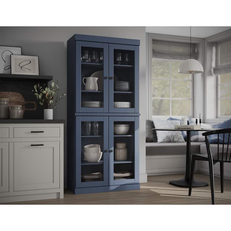 Palace Imports 100% Solid Wood Pantry Cabinet with Frosted, Clear Glass or Solid Doors and Adjustable Shelves - Antique Blue - Frosted Glass