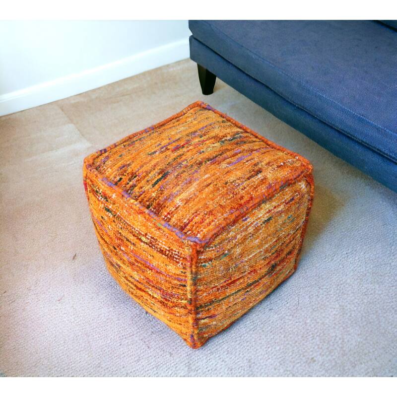 18" Orange Recycled Silk and Cotton Blend Cube Pouf Ottoman - Orange - 18' X '18' X '18