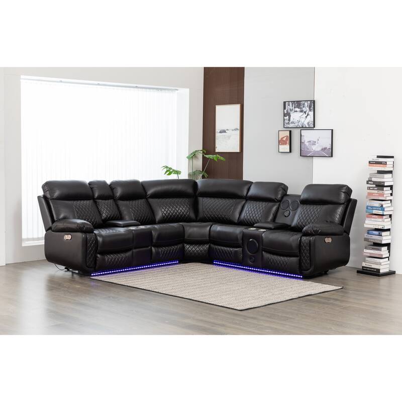 Hathrone 98.5" Wide Vegan Leather Power Reclining Sectional with LED, USB and SubWoofer Sound System
