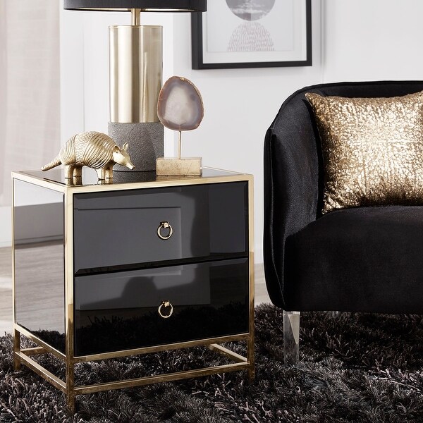 Gold And Black Side Table Shop Kinmore Gold Finish 2-Drawer Black Glass Side Table by iNSPIRE Q