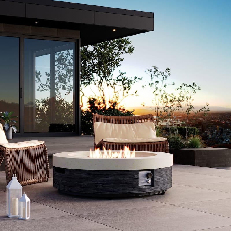 COSIEST Outdoor Concrete Propane Fire Pit Table,Marble & Wood Style Design