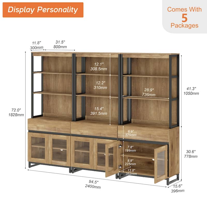 3 PCS Modern 72" Tall Buffet Cabinet with 3 Drawers and Open Shelves, Storage Cabinet for Dining Room or Kitchen
