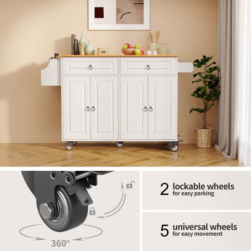 Kitchen Island Cart with DropLeaf Countertop and Locking Wheels On