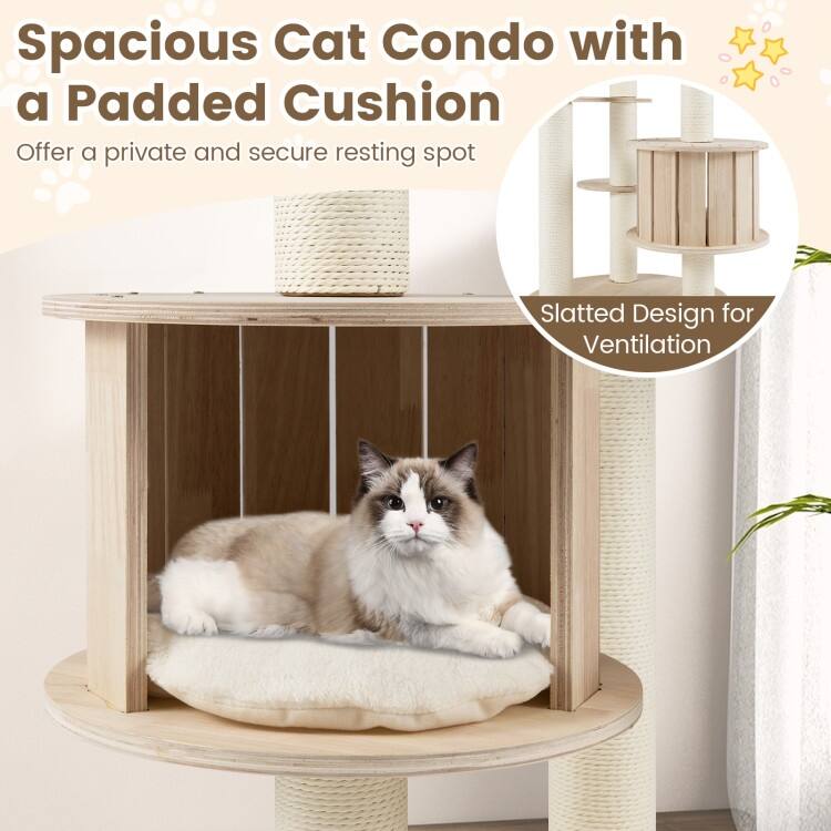 Natural Wooden Cat Tree Tower with Condo Perch Space Capsule and Scratching Posts 52 Inch