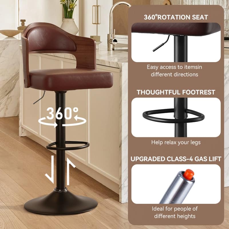 Swivel Bar Stools Set of 2 Seat Adjustable Height 24.5-33.5IN, Wooden Barstools PU Leather Upholstered Bar Chairs