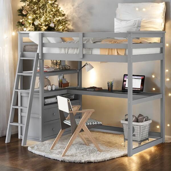slide 2 of 33, Twin Size Loft Bed with Desk and Shelves, Two Built-in Drawers, Gray Grey