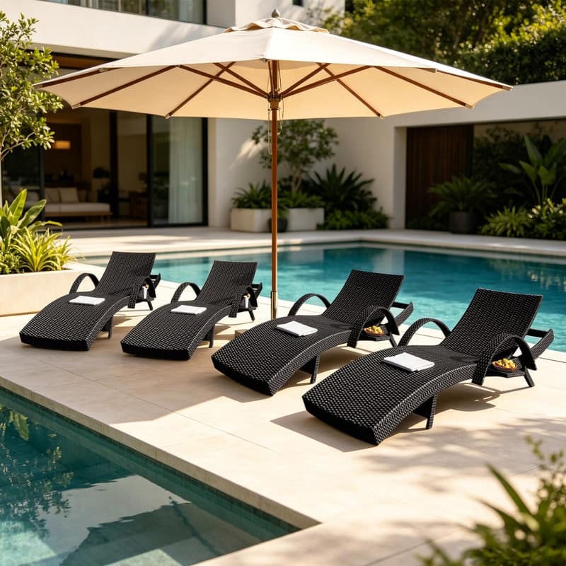 Outdoor Wicker Chaise Lounge Chairs Set of 4 with Adjustable Backrest and Pull-out Side Table