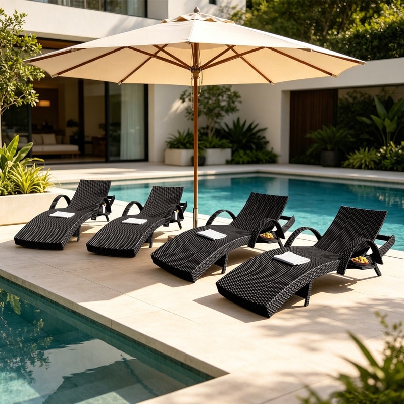 Outdoor Wicker Chaise Lounge Chairs Set of 4 with Adjustable Backrest and Pull-out Side Table
