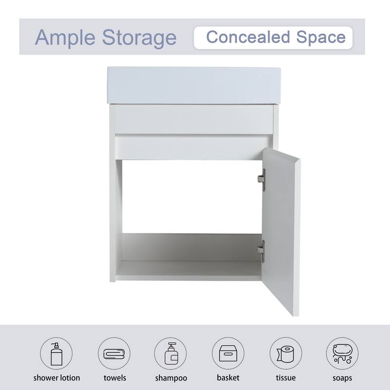 Malwee 18" Floating Bathroom Vanity, Mini Wall Mounted Bathroom Vanity, Single with Resin Sink and Soft Close Door