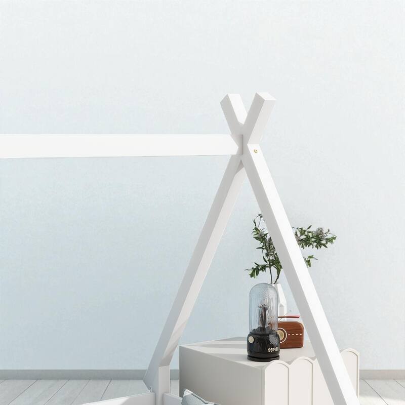 Twin Size Rubber Wood Teepee Floor Bed with Guardrails, Slats and Door for Kids Bedroom