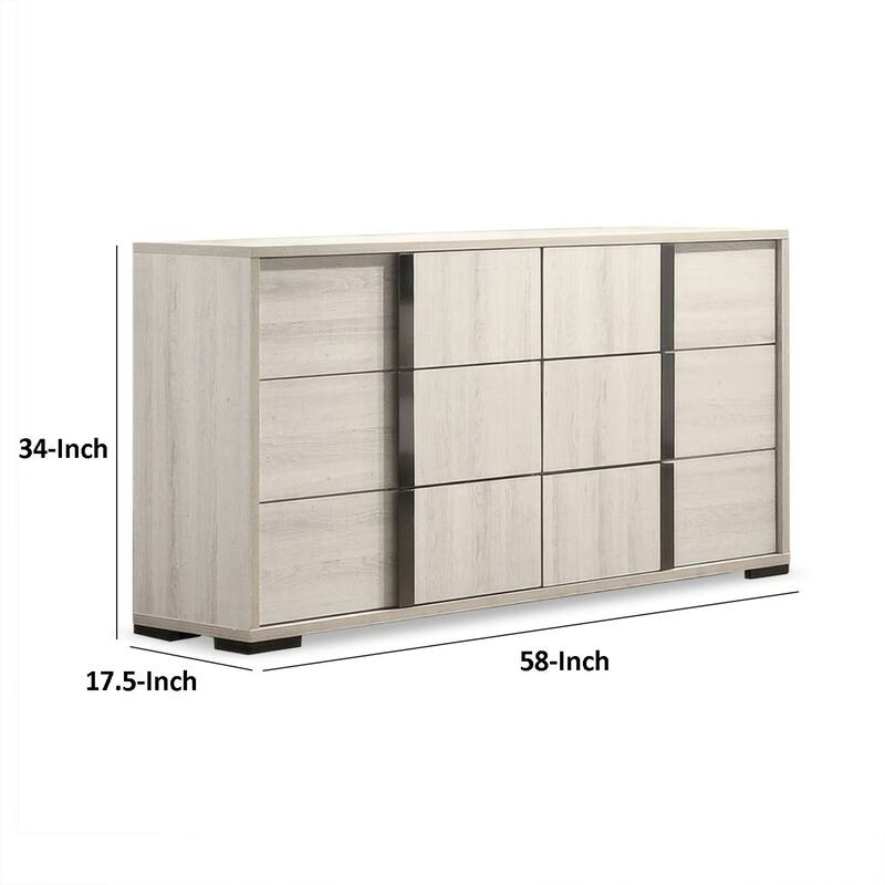 Hyao Wide Dresser, 6 Drawers w Chrome Handles, White Wash Veneer
