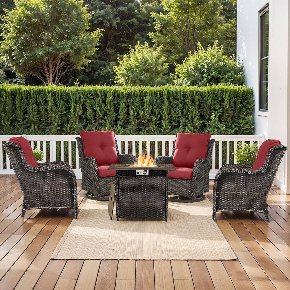 Gymojoy 5-Piece Outdoor Furniture Conversation Set, 2 Swivel Chairs, 2 Patio Chairs & 55K BTU Fire Pit Table
