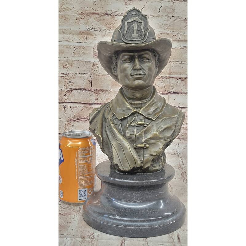 Firefighter Fireman Bronze Metal Bust Statue Sculpture Memorial On Marble Base
