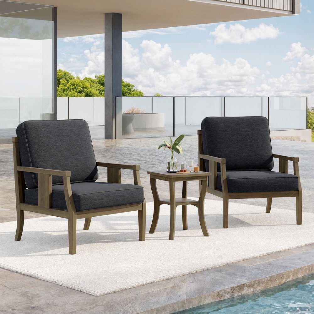 3-Piece Teak Wood Outdoor Armchair Set with Side Table, Cushions, Patio Seating Sets