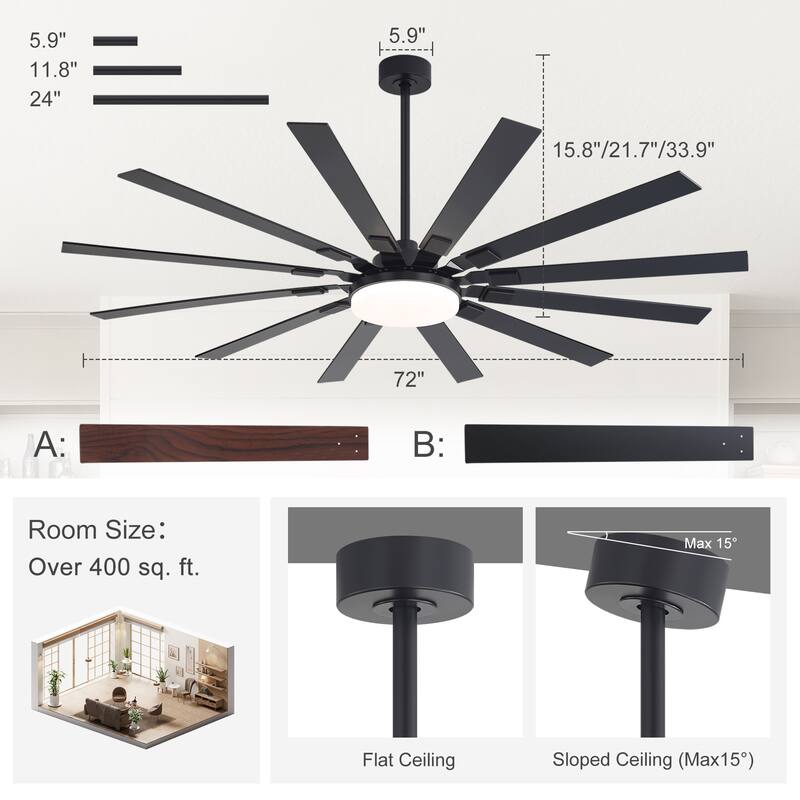 48"/52"/60"/72" Modern Black LED Ceiling Fan with Light Remote (3/5/6/8/12 Reversible Blades)