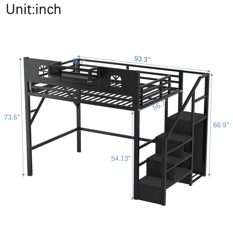 Full / Queen Size Loft Bed with Stairs, House Shaped Guardrails, and Wardrobe Storage