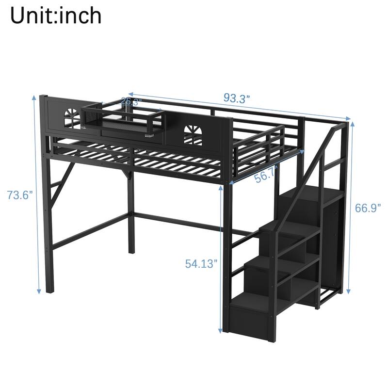 Queen/Full Size Metal Loft Bed with Stairs and House-Shaped Guardrails, High Loft Bed with Built-in Wardrobe