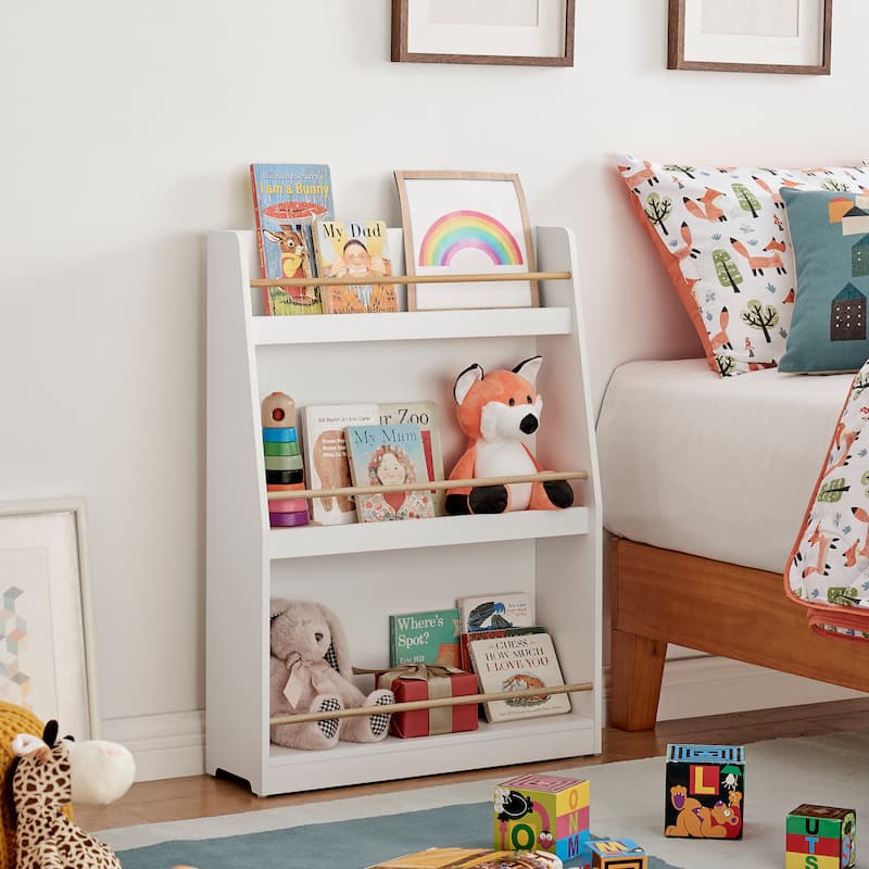 Danya B. Steiner White 3-Tier Kids Book or Magazine Storage Freestanding Bookcase with Contrasting Wood-Toned Rods