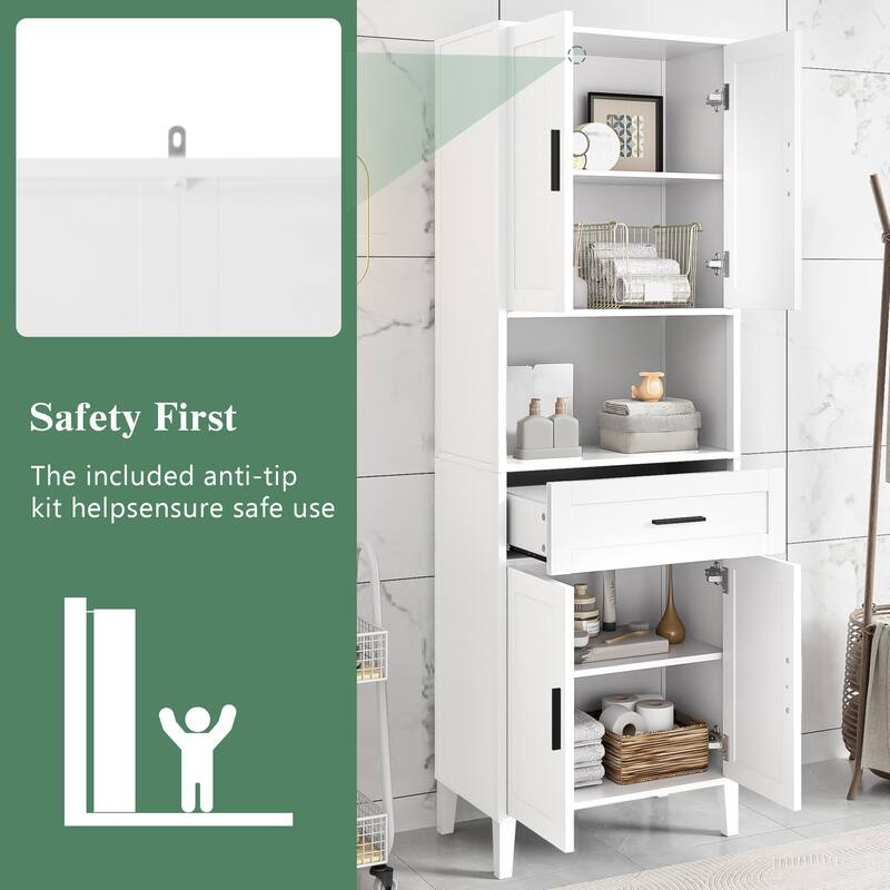 70.9" High Freestanding Tall Bathroom Cabinet with a Drawer, 2 Cabinets, 4 Soft-Close Doors, 2 Adjustable Shelves, Open Storage