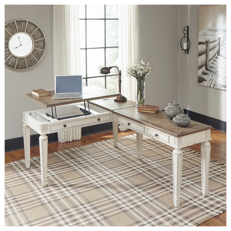 Realyn Antique White/Brown 2-Piece Home Office Lift Top Desk
