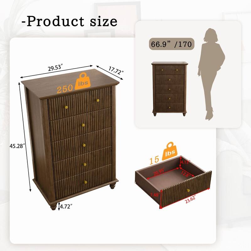 Modern Fluted 5 Drawer Dresser with Metal Handles for Stylish Bedroom Organization and Storage