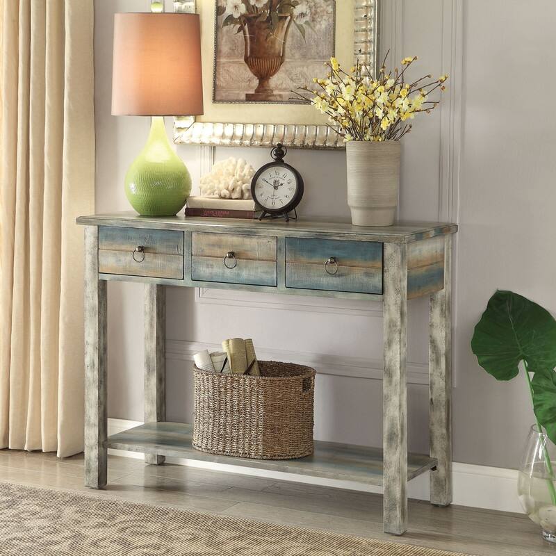 47.5''W Antique Grey and Teal 3-drawer Console Table - Wood -  Antique Grey