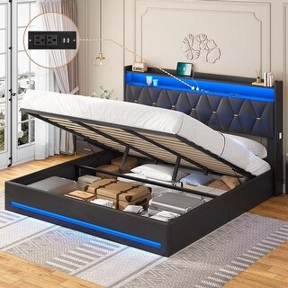 Queen Size Lift up Bed Frame with Storage LED Black PU - Bed Bath ...