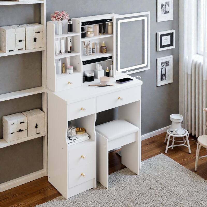 29.2'' Small Vanity Table with LED Mirror, 2 AC & 2 USB Outlets, Drawer & Stool, Touch Control Tri-Color Lighting - White