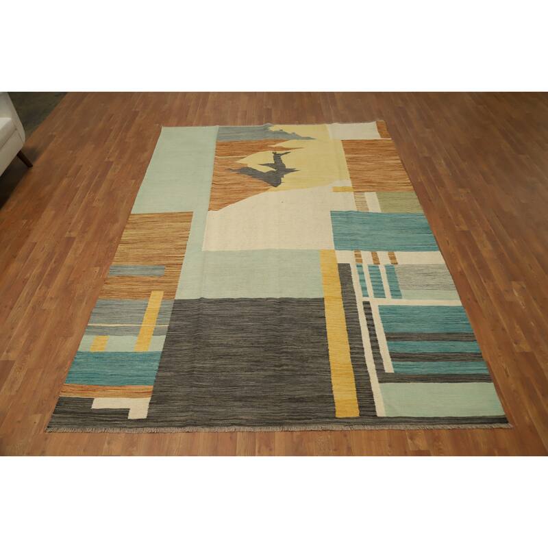 Hand Woven Oriental 100% Wool Carpet Southwestern Modern Multi-Colored Kilim Area Rug - 9' 9'' X 6' 10''