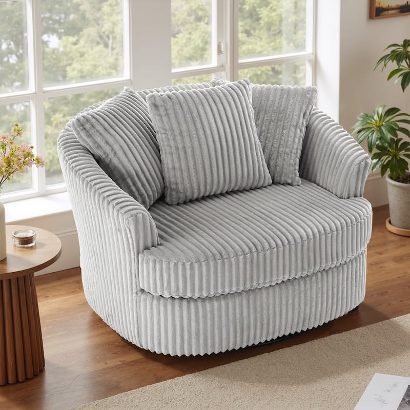 Oversized 43" W Plush Corduroy Recessed Arm Swivel Barrel Chair - Grey