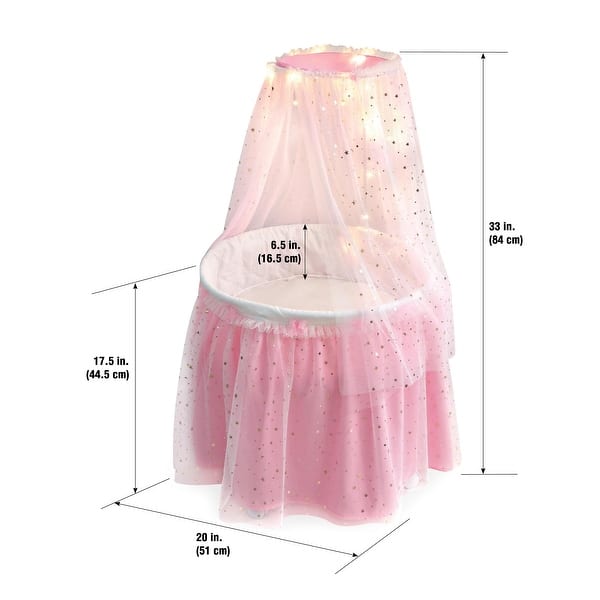 Badger Basket Sweet Dreams Round Doll Bassinet with Canopy and LED Lights - Pink/White/Stars - 20" x 20" x 33"