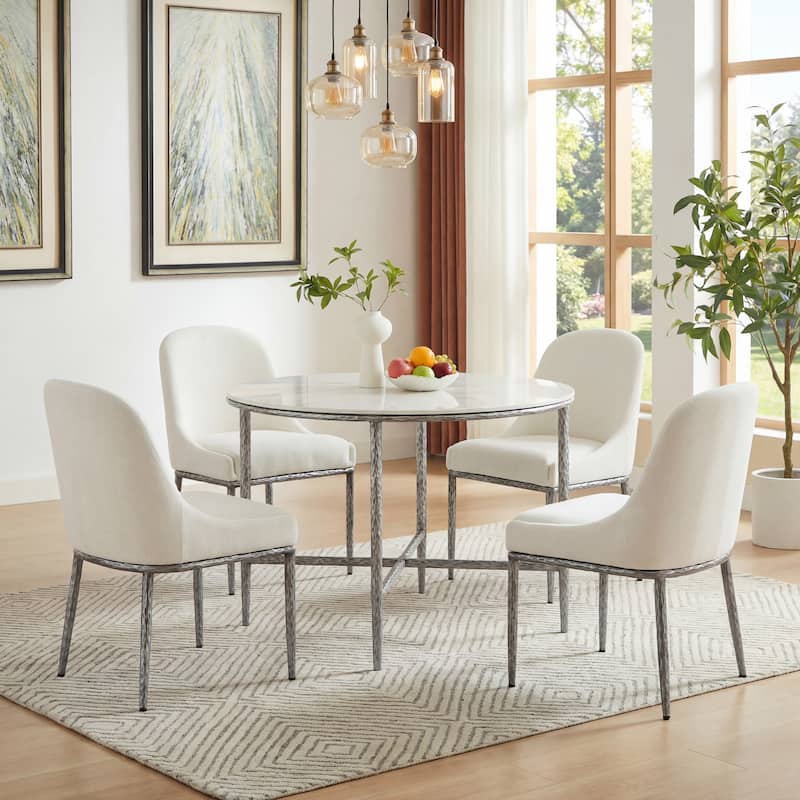 Christopher Knight Home - 5-Piece Industrial Metal Top Dining Set with Upholstered Chairs - Armless - ForgedPewter