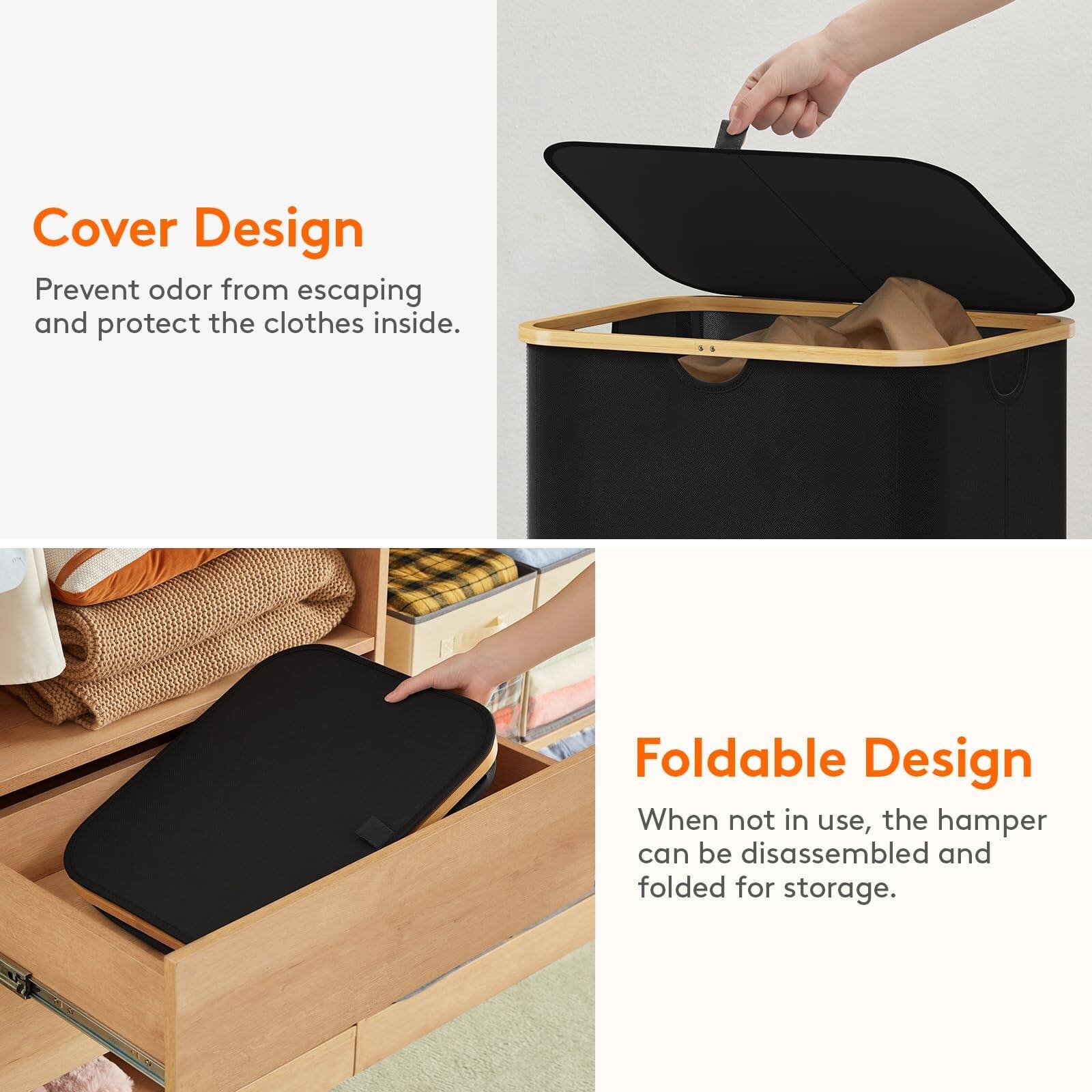 150L Laundry Basket with Lid, Clothes Hampers with Bamboo Handles and 2