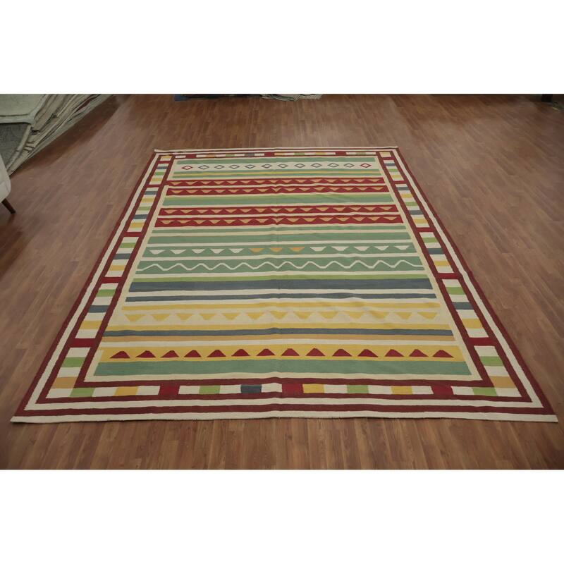 Hand Woven Oriental 100% Wool Carpet Southwestern Tribal Green Kilim Area Rug - 13' 3'' X 9' 9''