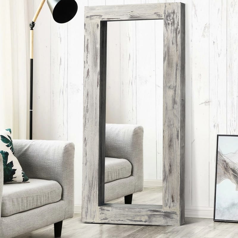 Farmhouse Rectangular Solid Wood Framed Full Length Leaning Mirror - 71"x31" - Weathered White