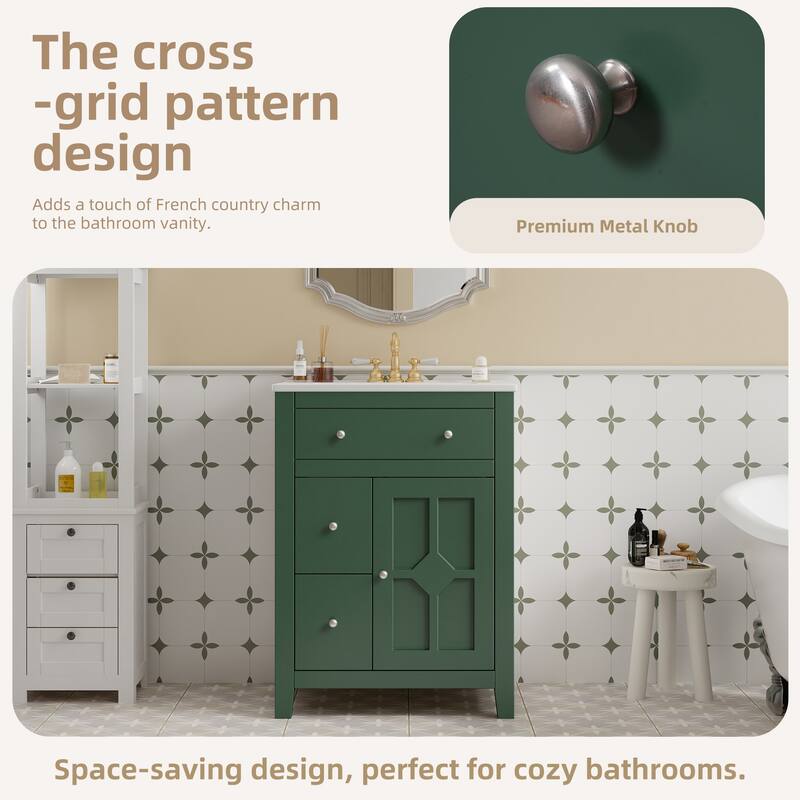 24"Bathroom Vanity With Ceramic Basin, Restroom Basin Cabinet With 2 Drawers,Small Bathroom Cabinet With Soft-Closing Door