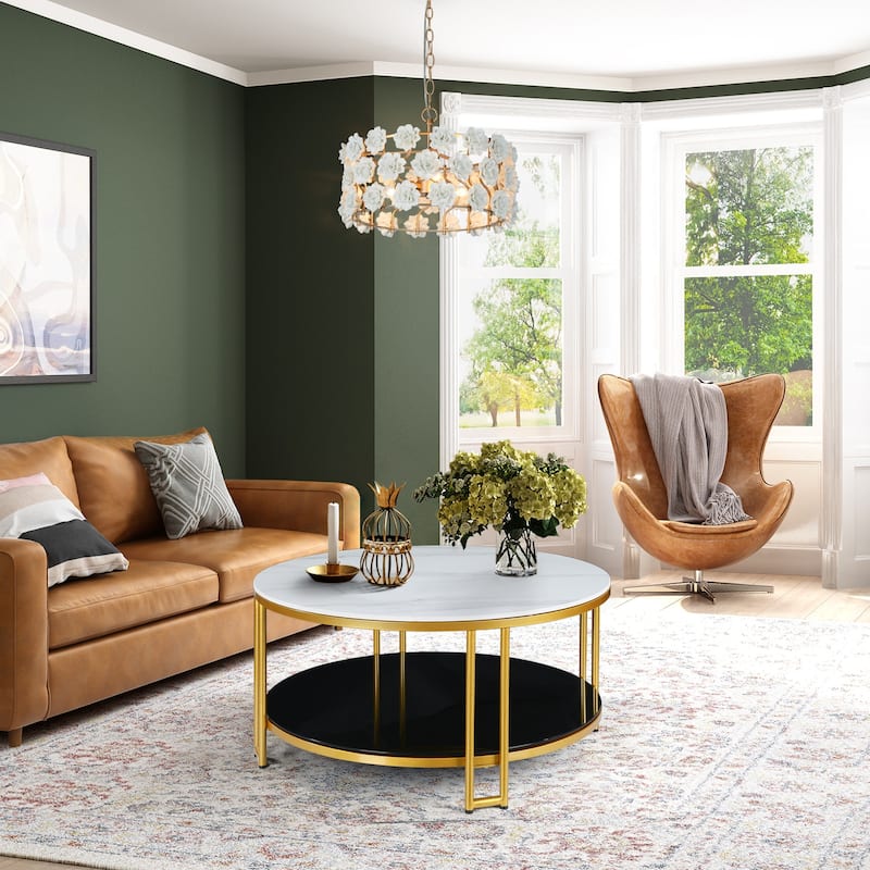 Nesia Modern Accent White Marble Gold Coffee Table Round Sofa Cocktail Double Layer Storage Table Brass Legs - 36''D x 17.5" H