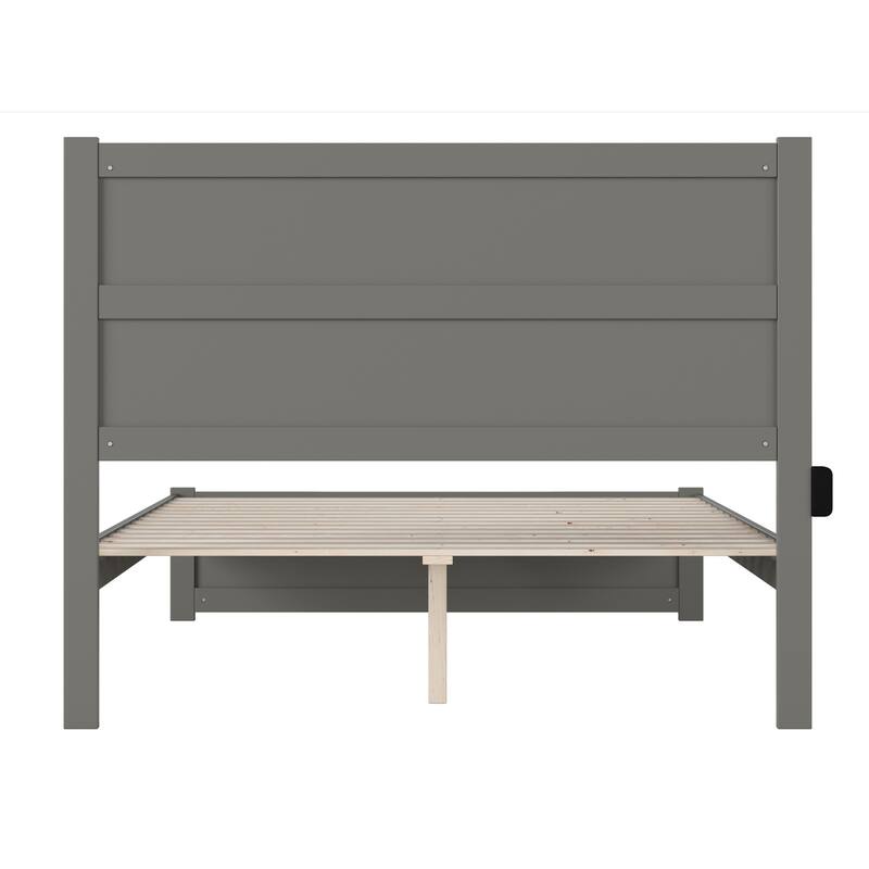 Modern Platform Bed with Footboard - Grey Wood Slat Support & Charging Station