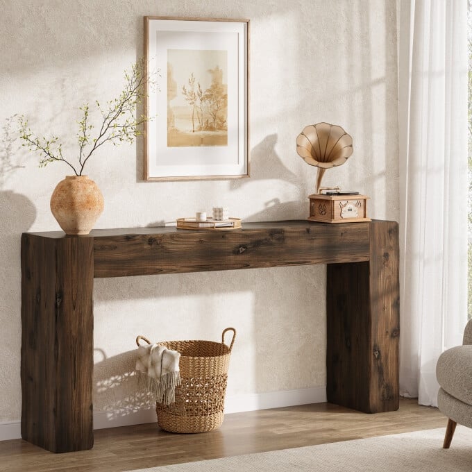 63-inch Solid Wood Console Table, Farmhouse Long Entryway Table