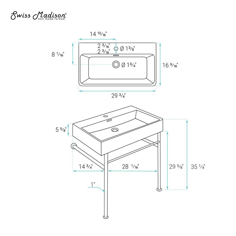 Reims 30 Ceramic Console Sink White Basin Chrome Legs - 29.5" x 16.55" 35.45"