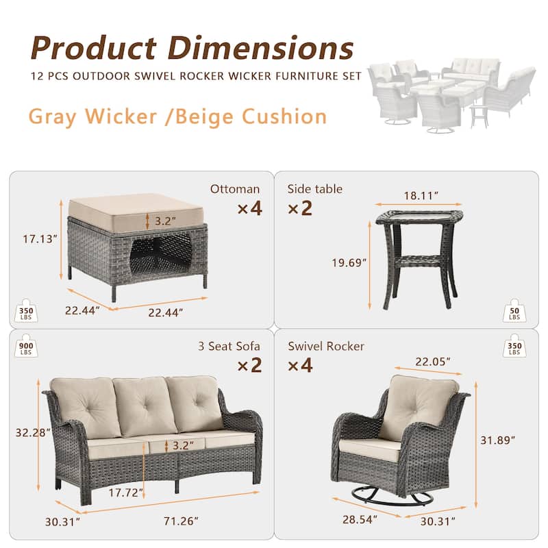 12 Piece Patio Furniture Set Outdoor Wicker Chair Sofa Ottoman Cushion