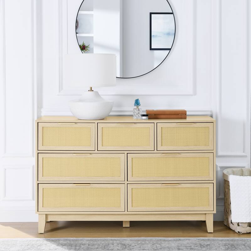 Modern Rattan Dressing Wooden Storage Cabinet with 7 Spacious Drawers, for Bedroom, Living Room and Hallway - Khaki